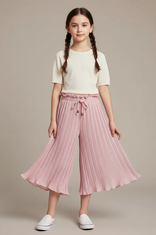 Pantalon Chinois Rose Plissé Fluide Ample Fille - Polyester