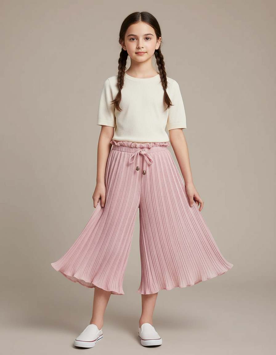 Pantalon Chinois Rose Plissé Fluide Ample Fille - Polyester