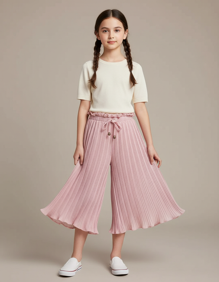 Pantalon Chinois Rose Plissé Fluide Ample Fille - Polyester