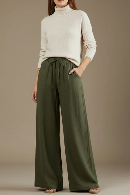 Pantalon Chinois Vert Armée Lin Ample Décontracté - Kaki