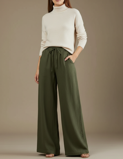 Pantalon Chinois Vert Armée Lin Ample Décontracté - Kaki