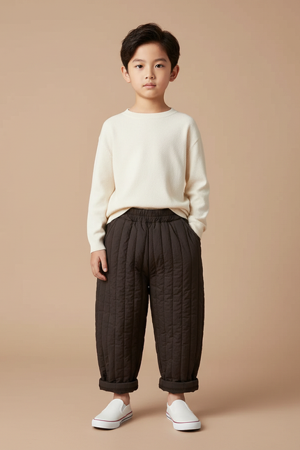 Pantalon Chinois Matelassé Marron Ample Hiver Enfant - Polyester