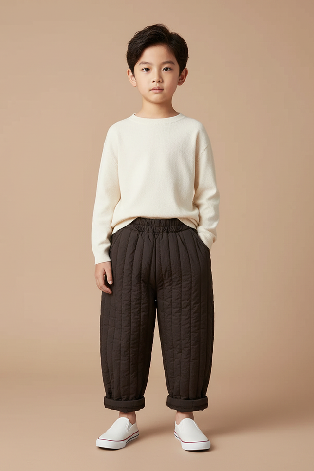 Pantalon Chinois Matelassé Marron Ample Hiver Enfant - Polyester