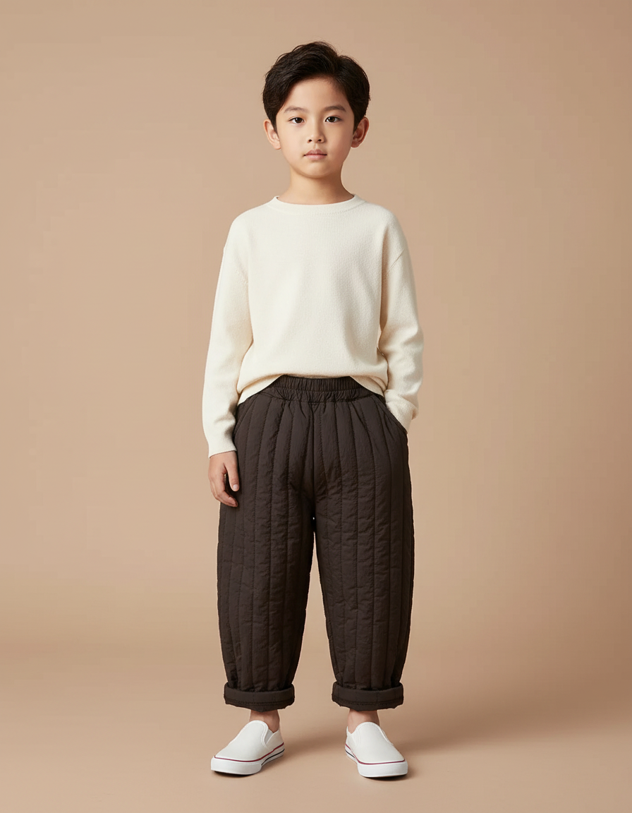 Pantalon Chinois Matelassé Marron Ample Hiver Enfant - Polyester