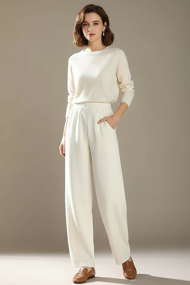 Pantalon Chinois Crème Ample Fluide Décontracté Élégant - Beige Maille