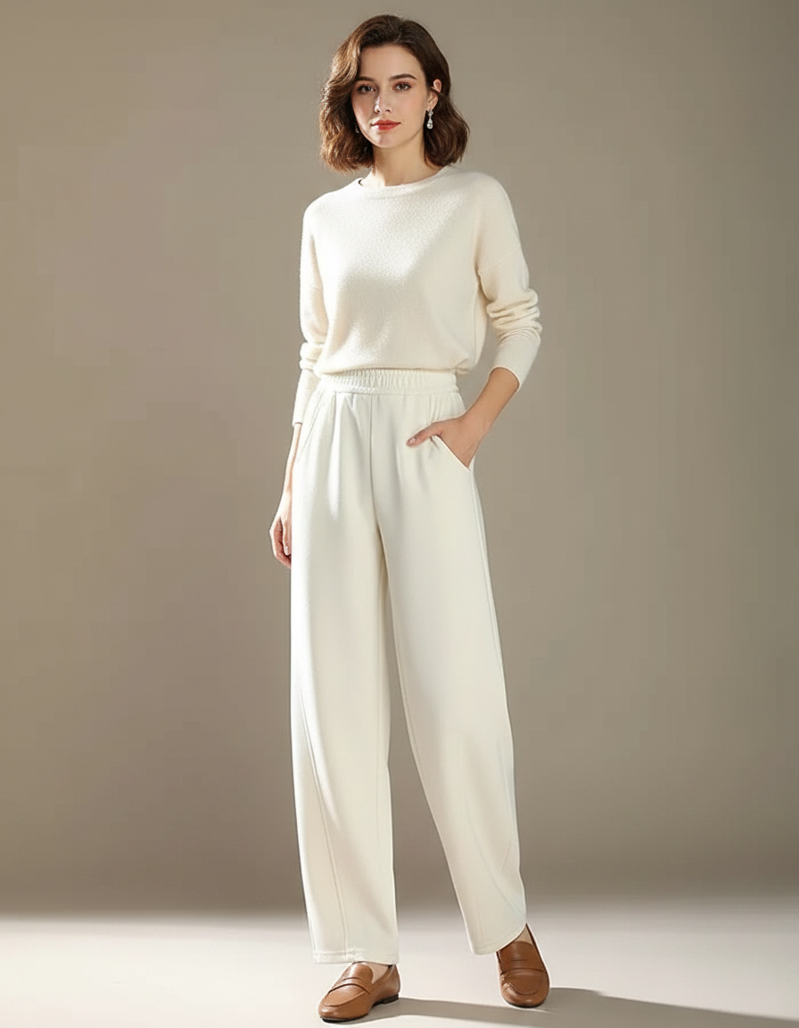 Pantalon Chinois Crème Ample Fluide Décontracté Élégant - Beige Maille