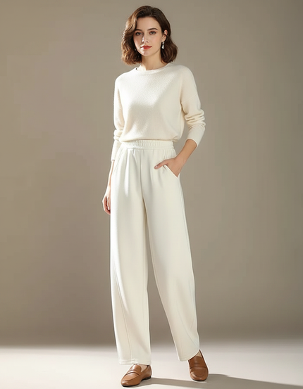 Pantalon Chinois Crème Ample Fluide Décontracté Élégant - Beige Maille