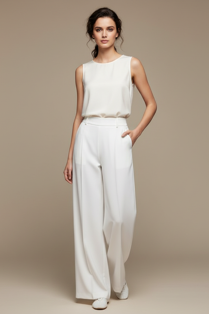 Pantalon Chinois Blanc Ample Fluide Élégant - Gabardine