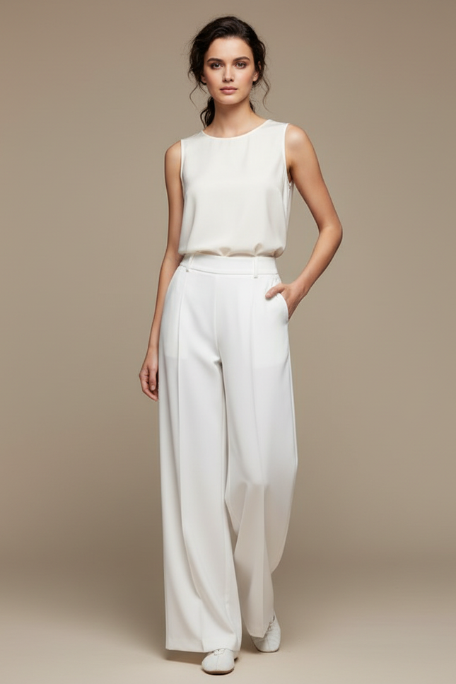 Pantalon Chinois Blanc Ample Fluide Élégant - Gabardine