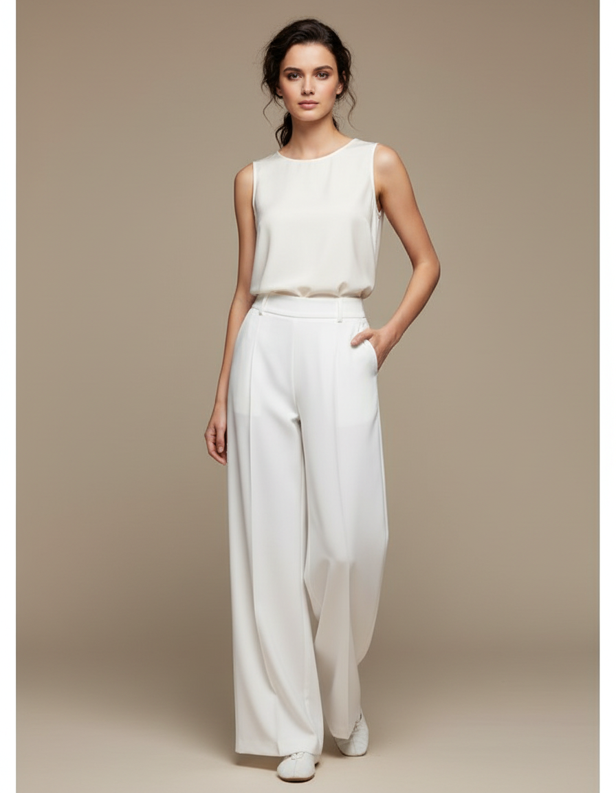 Pantalon Chinois Blanc Ample Fluide Élégant - Gabardine