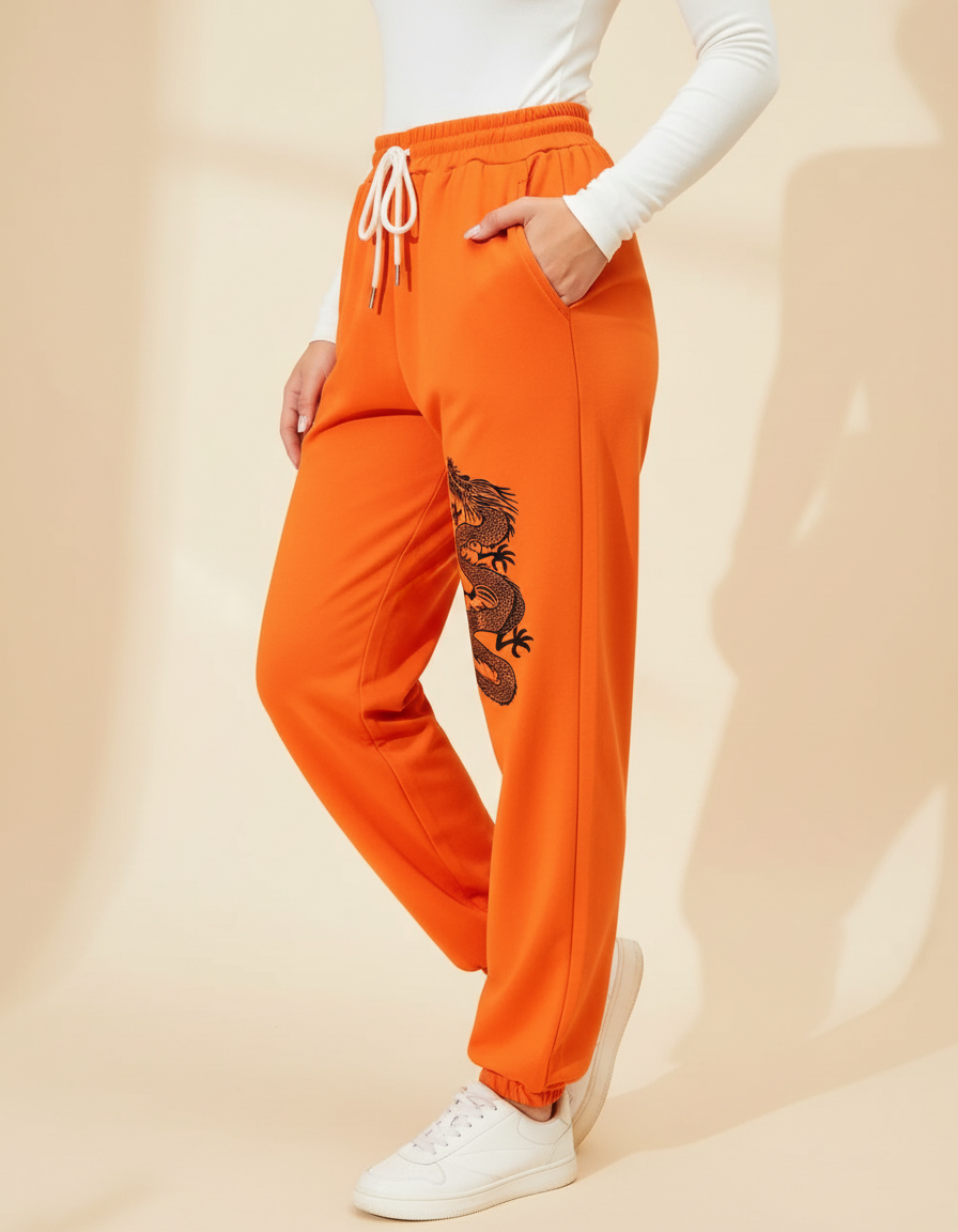 Pantalon Chinois Orange Dragon Imprimé Jogger Décontracté - Molleton