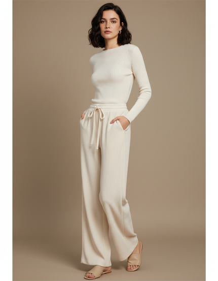 Pantalon Chinois Crème Côtelé Ample Femme Confortable - Beige Maille
