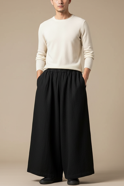 Pantalon Chinois Noir Ample Coton Lin Homme