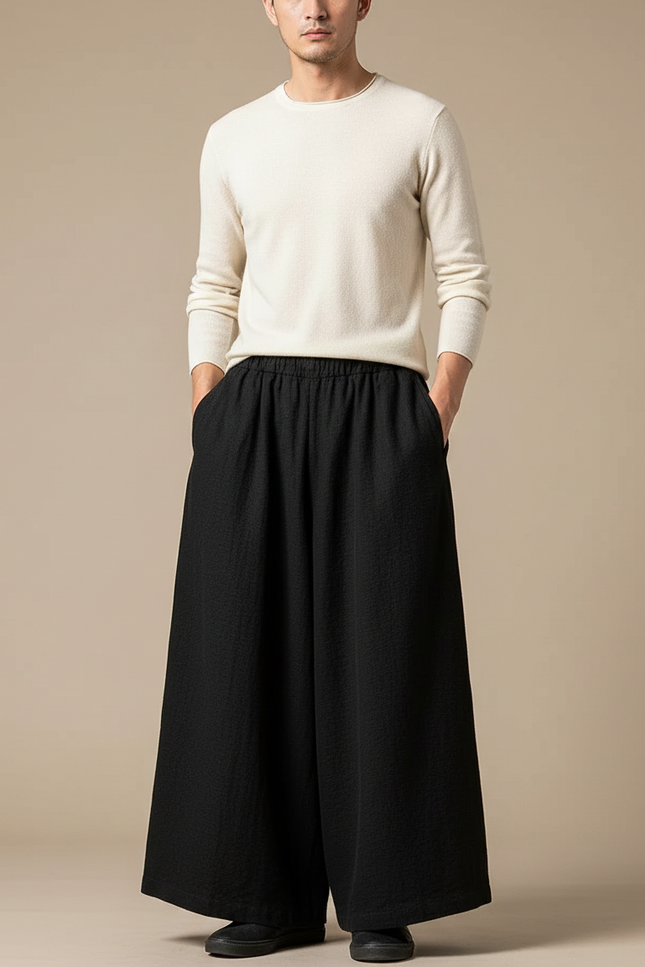 Pantalon Chinois Noir Ample Coton Lin Homme