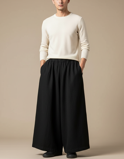 Pantalon Chinois Noir Ample Coton Lin Homme