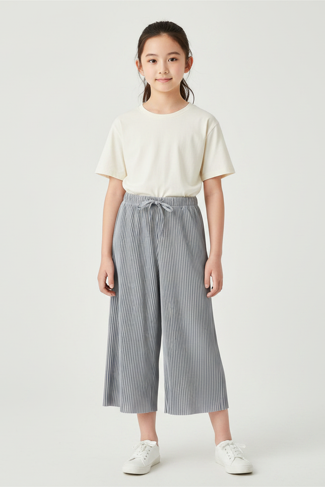 Pantalon Chinois Gris Plissé Ample Décontracté Enfant - Polyester