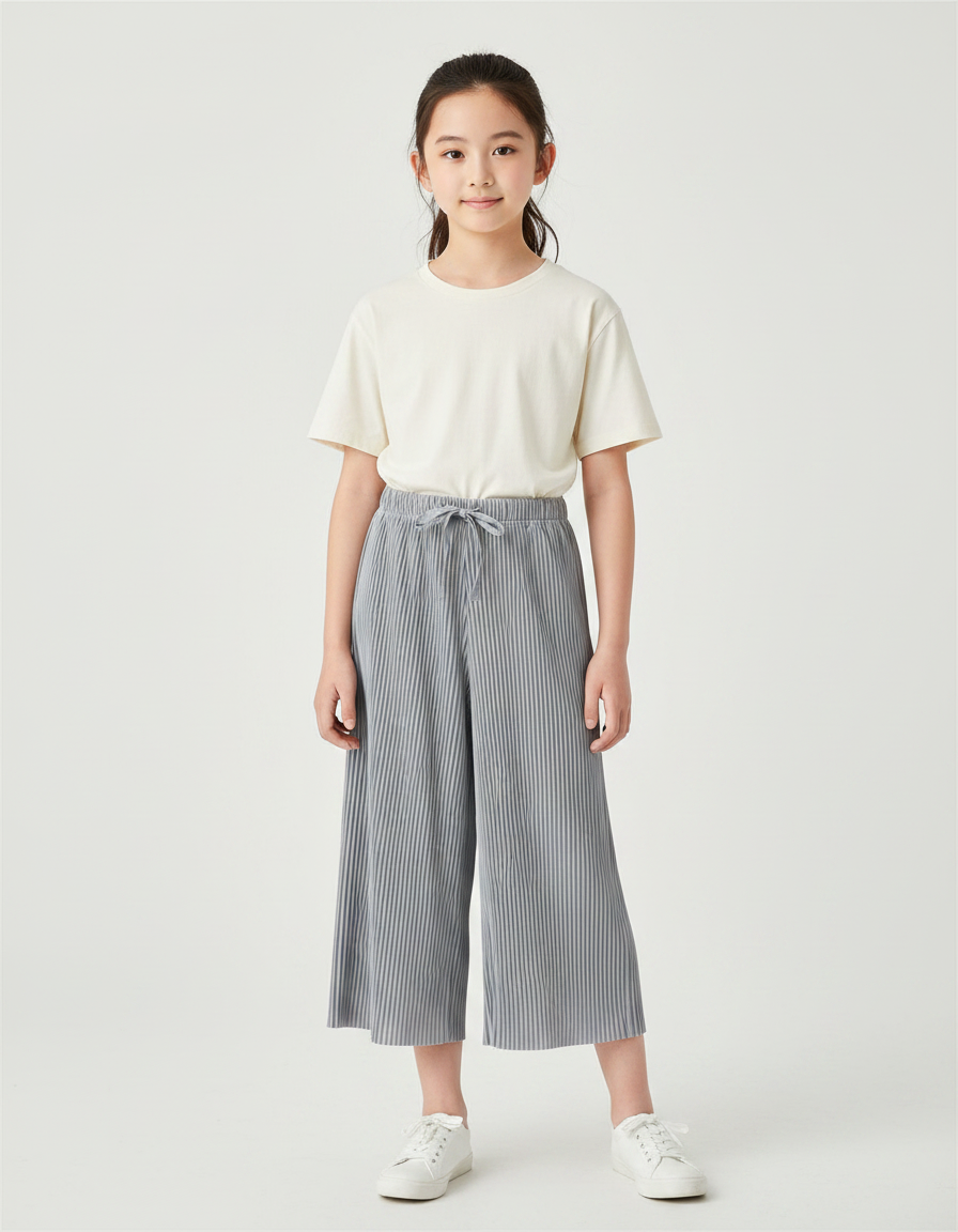 Pantalon Chinois Gris Plissé Ample Décontracté Enfant - Polyester