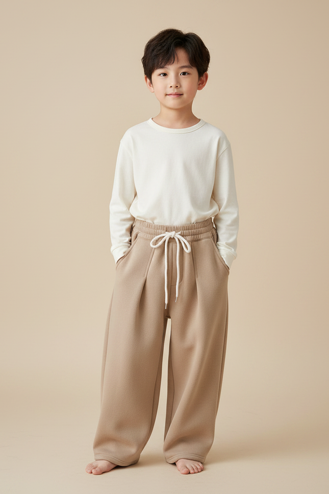 Pantalon Chinois Beige Molletonné Ample Cordon Décontracté
