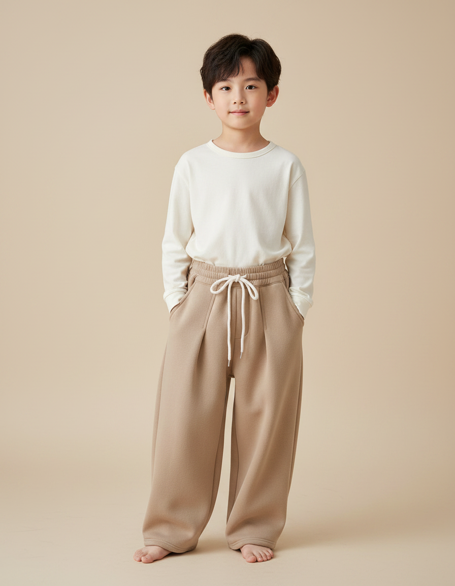 Pantalon Chinois Beige Molletonné Ample Cordon Décontracté