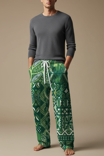 Pantalon Chinois Vert Ethnique Ample Cordon Décontracté - Viscose