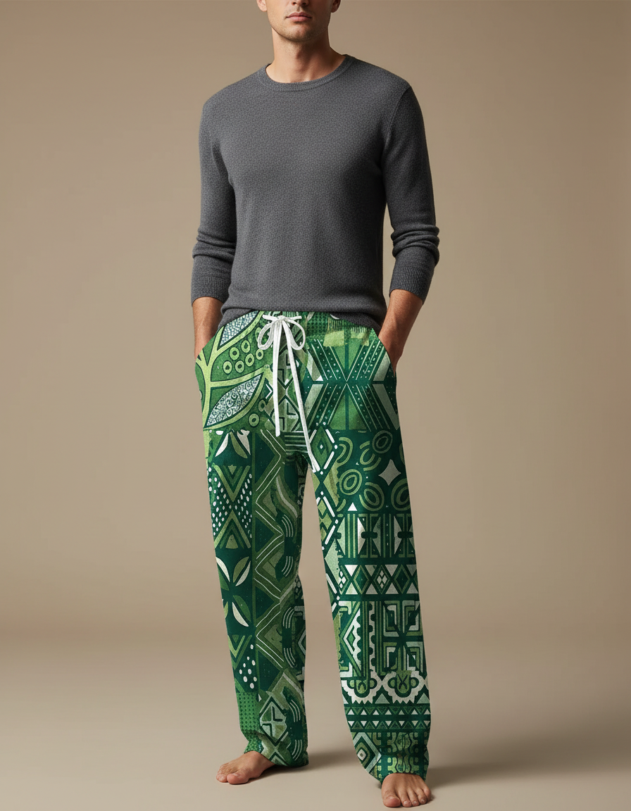 Pantalon Chinois Vert Ethnique Ample Cordon Décontracté - Viscose