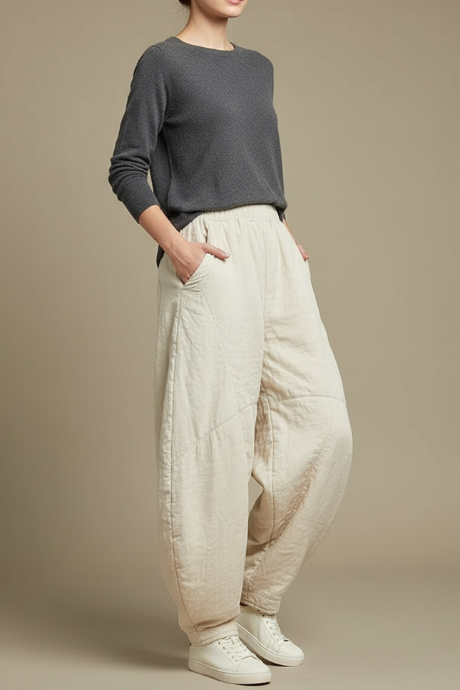 Pantalon Chinois Écru Matelassé Ample Harem Décontracté - Beige Coton