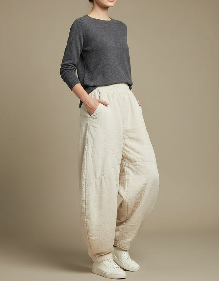 Pantalon Chinois Écru Matelassé Ample Harem Décontracté - Beige Coton