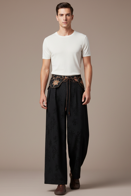 Pantalon Chinois Noir Brodé Ample Jacquard Fluide - Viscose