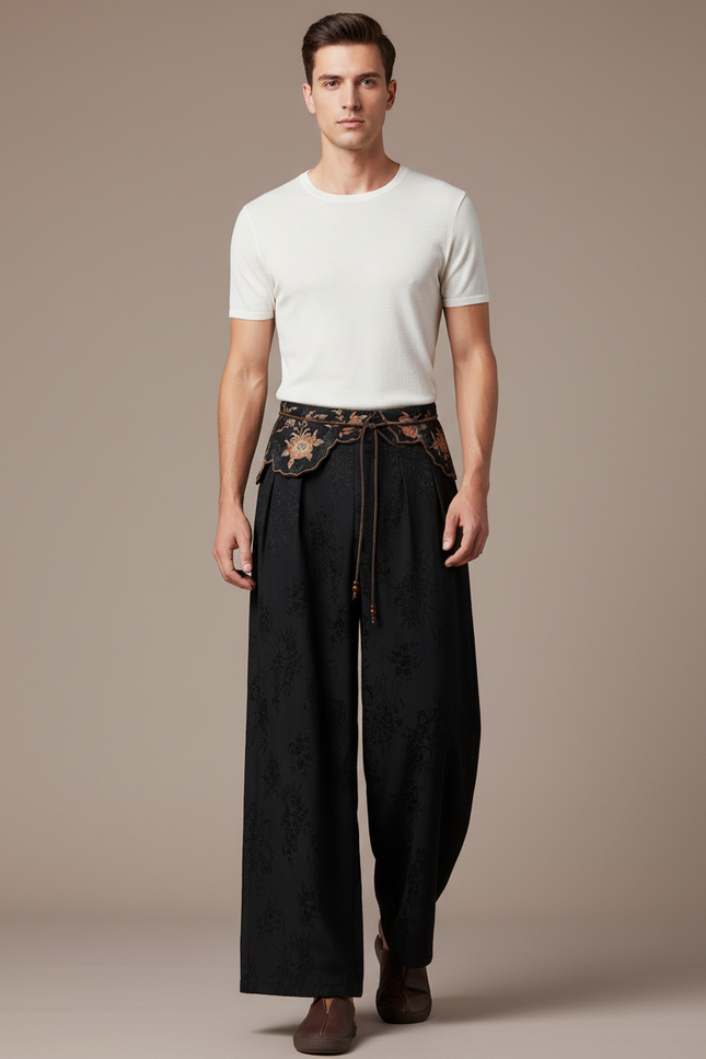 Pantalon Chinois Noir Brodé Ample Jacquard Fluide - Viscose
