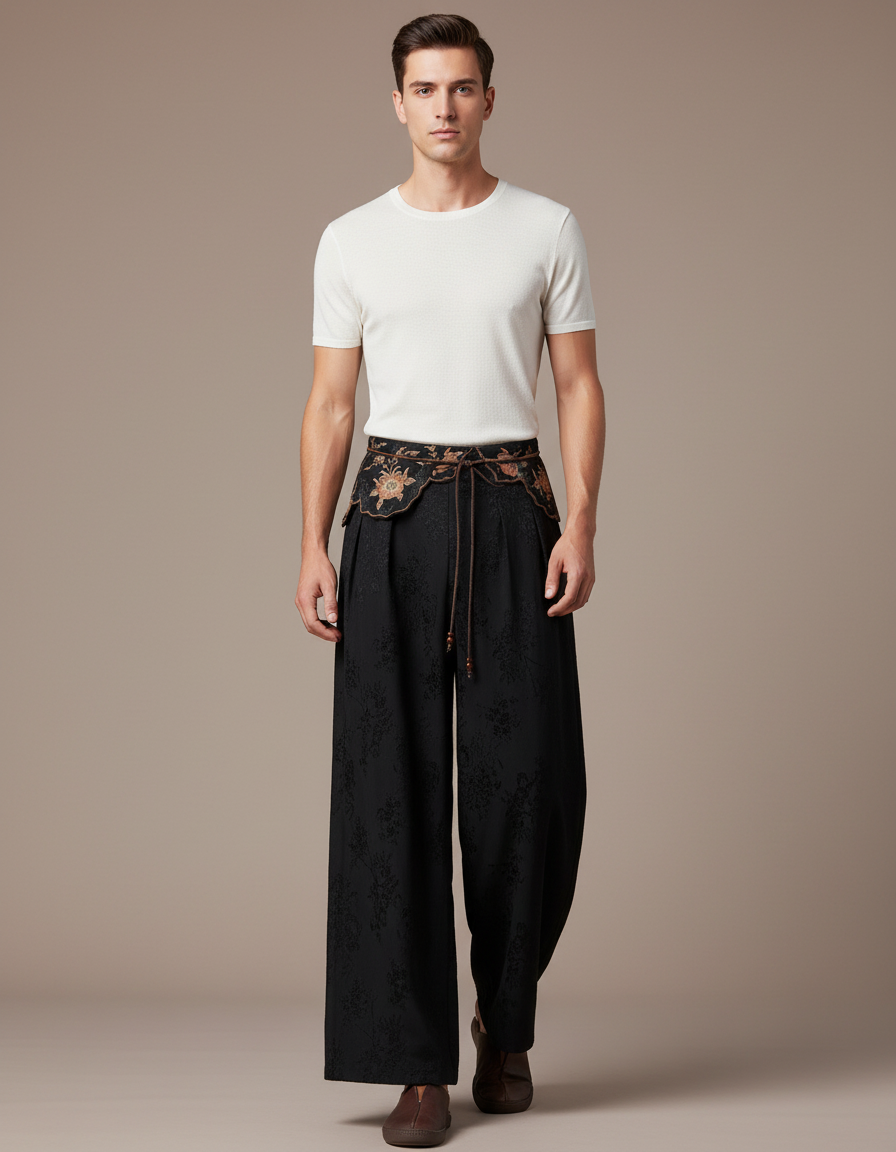 Pantalon Chinois Noir Brodé Ample Jacquard Fluide - Viscose