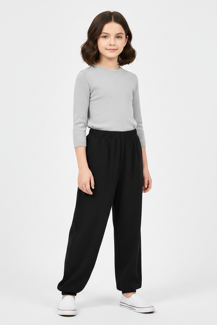 Pantalon Chinois Noir Ample Uni Fille Décontracté - Viscose