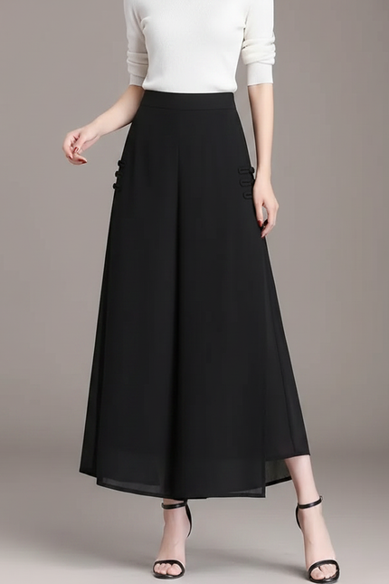 Pantalon Chinois Noir Fluide Élégant Boutons Femme - Polyester