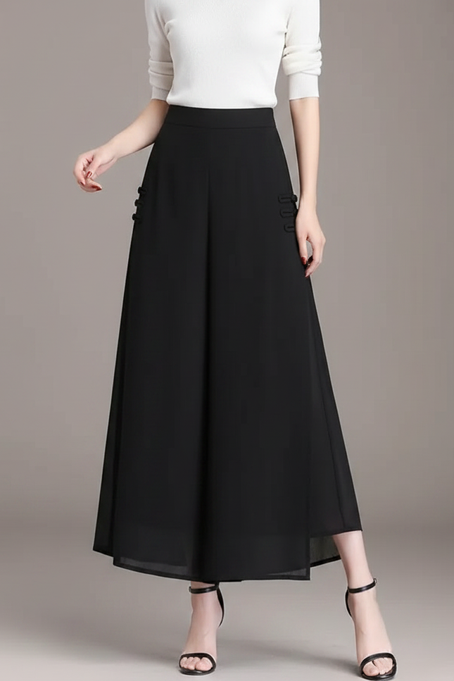 Pantalon Chinois Noir Fluide Élégant Boutons Femme - Polyester