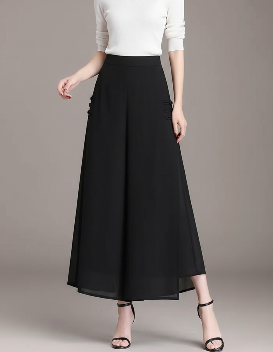 Pantalon Chinois Noir Fluide Élégant Boutons Femme - Polyester