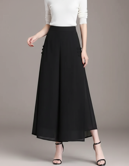 Pantalon Chinois Noir Fluide Élégant Boutons Femme - Polyester