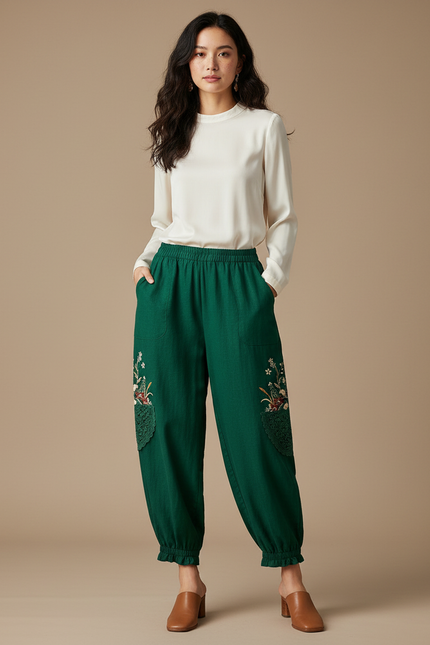 Pantalon Chinois Vert Brodé Harem Coton Ethnique