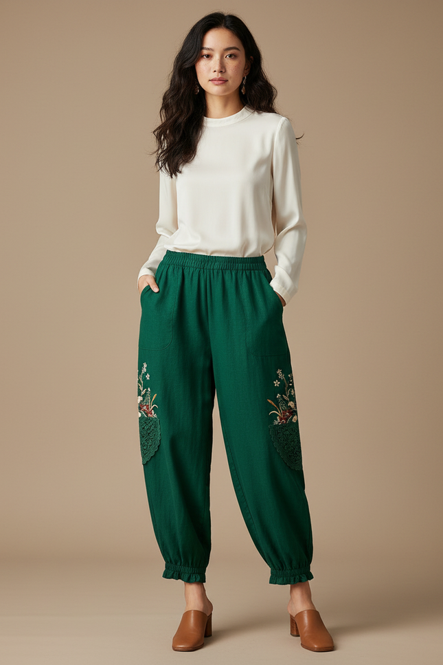 Pantalon Chinois Vert Brodé Harem Coton Ethnique