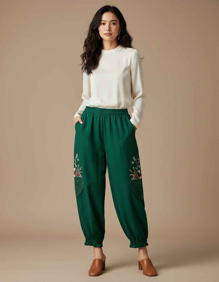 Pantalon Chinois Vert Brodé Harem Coton Ethnique
