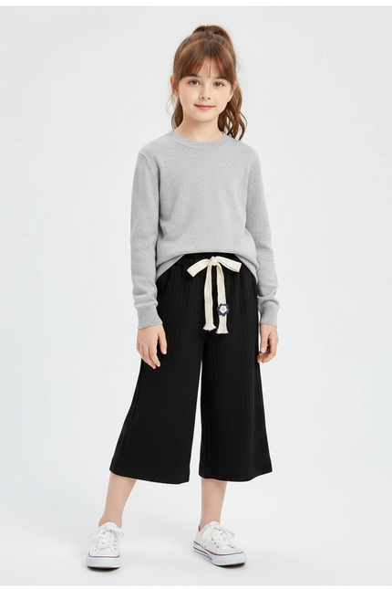Pantalon Chinois Noir Côtelé Ample Décontracté Fille - Maille