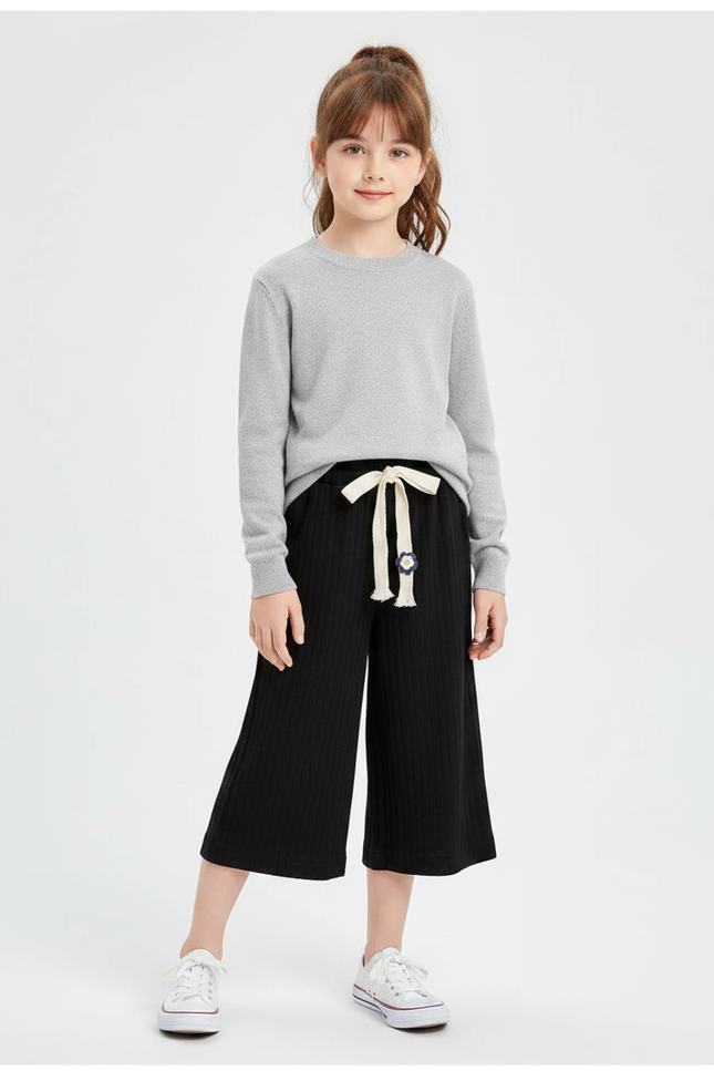 Pantalon Chinois Noir Côtelé Ample Décontracté Fille - Maille