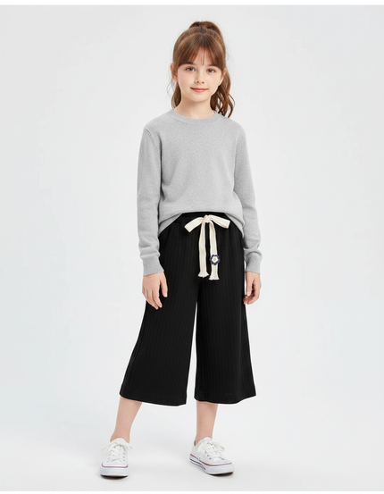 Pantalon Chinois Noir Côtelé Ample Décontracté Fille - Maille