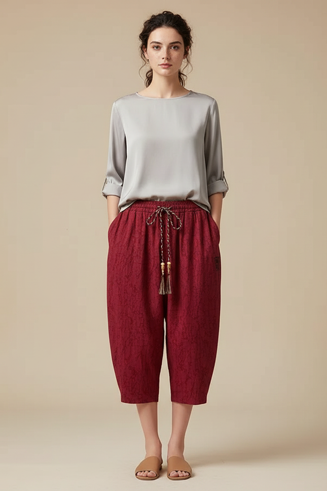 Pantalon Chinois Rouge Sarouel Texturé Ample Femme - Bordeaux Coton