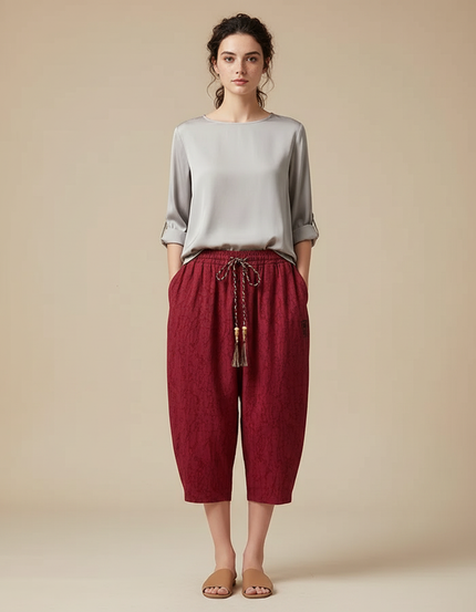 Pantalon Chinois Rouge Sarouel Texturé Ample Femme - Bordeaux Coton