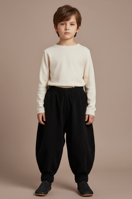 Pantalon Chinois Noir Côtelé Ample Garçon Rétro - Cordé