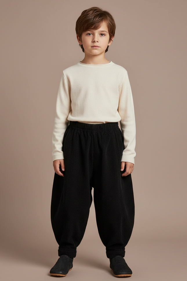 Pantalon Chinois Noir Côtelé Ample Garçon Rétro - Cordé