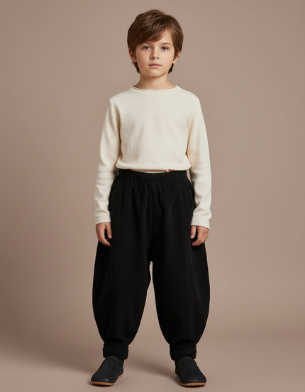 Pantalon Chinois Noir Côtelé Ample Garçon Rétro - Cordé