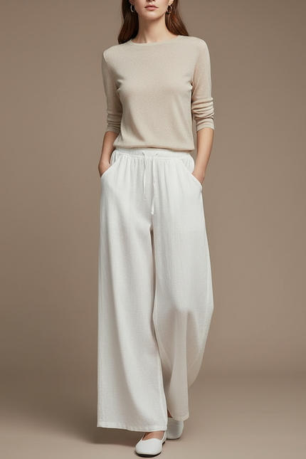 Pantalon Chinois Blanc Ample Lin Coton Fluide