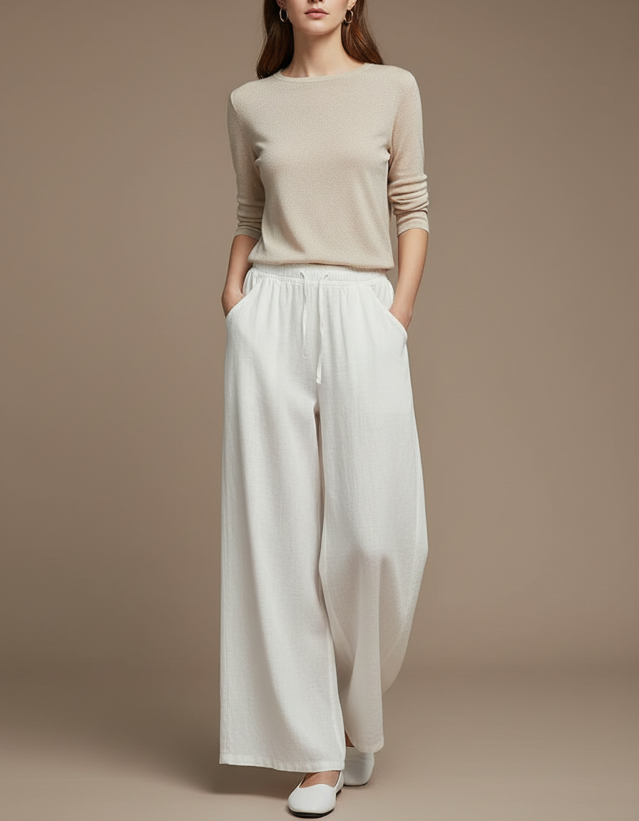 Pantalon Chinois Blanc Ample Lin Coton Fluide