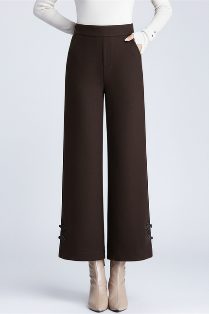 Pantalon Chinois Marron Ample Taille Haute Brodé - Gabardine