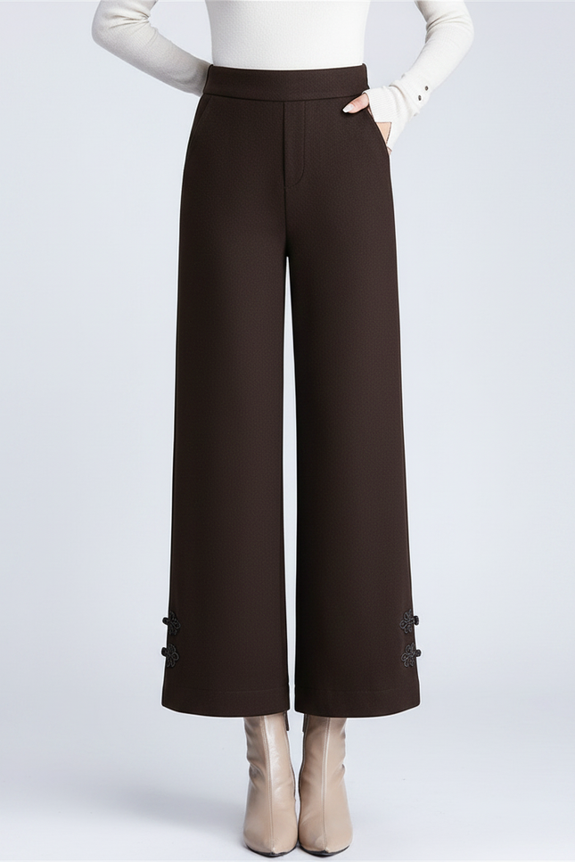 Pantalon Chinois Marron Ample Taille Haute Brodé - Gabardine